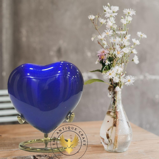 Blue Heart Keepsake Cremation Urn for Ashes with Brass Stand