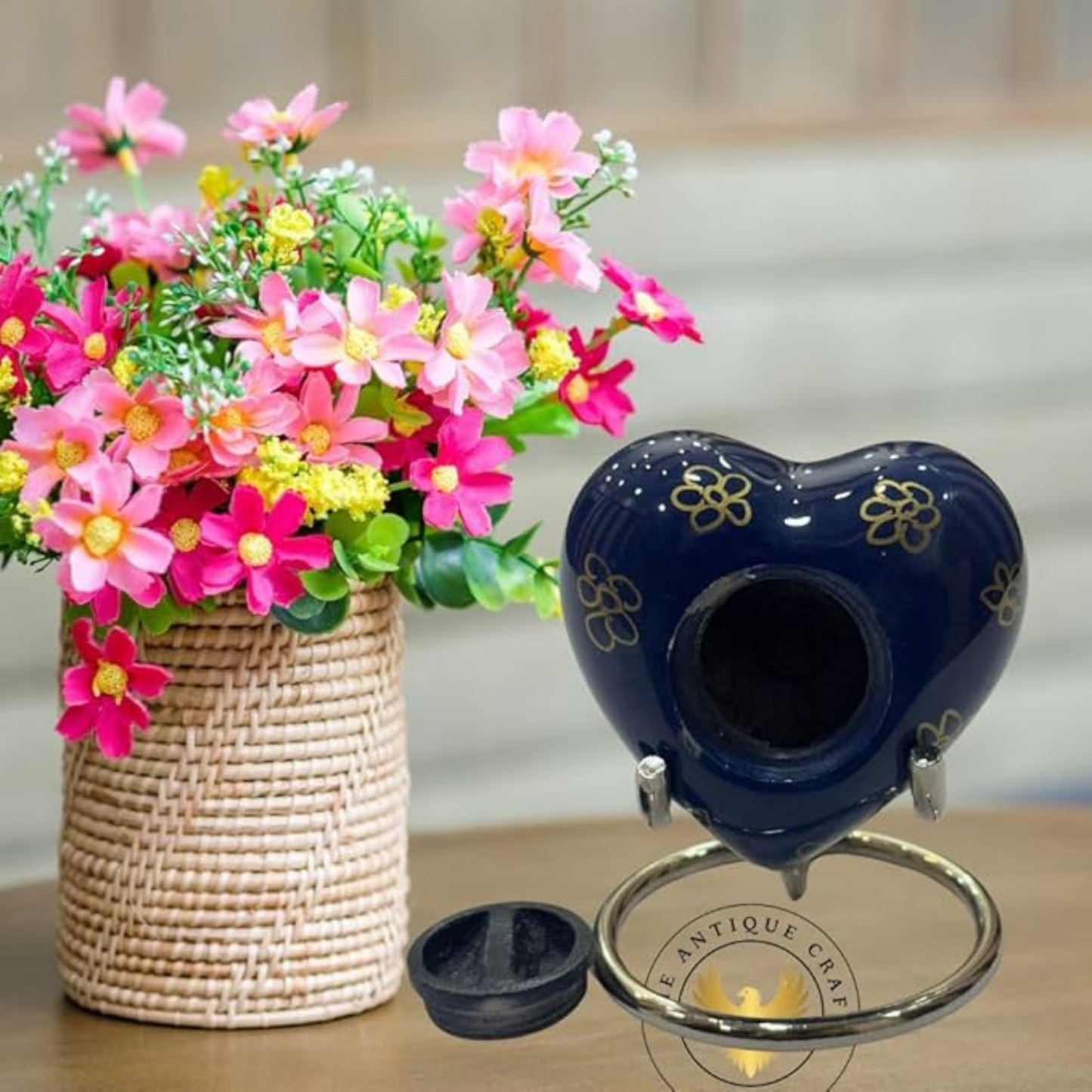 Blue Heart Keepsake Cremation Urn with Brass Stand & Box – Mini Memorial Urn for Ashes of Adults or Infants