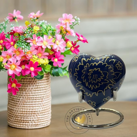 Blue Heart Keepsake Cremation Urn with Brass Stand & Box – Mini Memorial Urn for Ashes of Adults or Infants