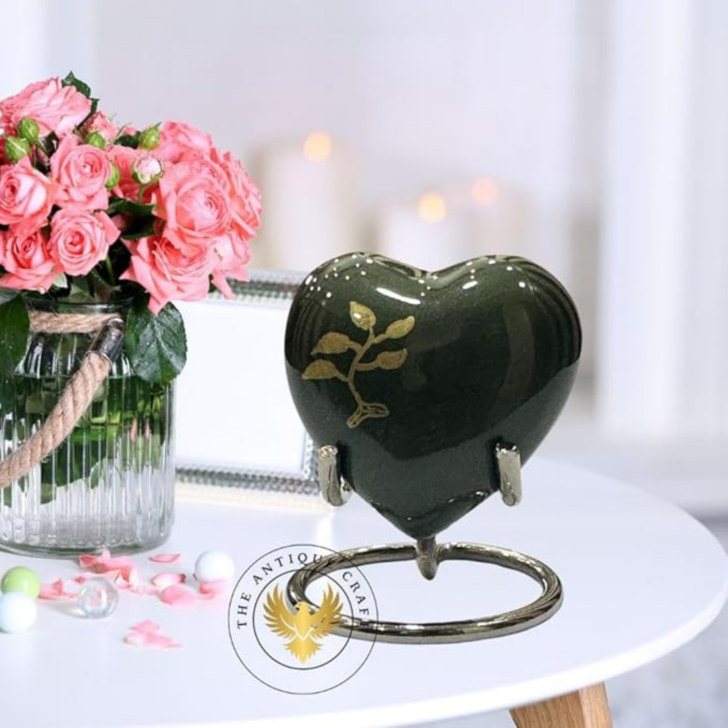 Green Heart Keepsake Cremation Urn – Mini Urn for Ashes with Brass Stand & Box for Adults or Infants