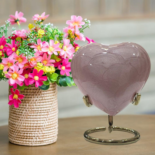 Pink Heart Keepsake Cremation Urn for Ashes with Brass Stand