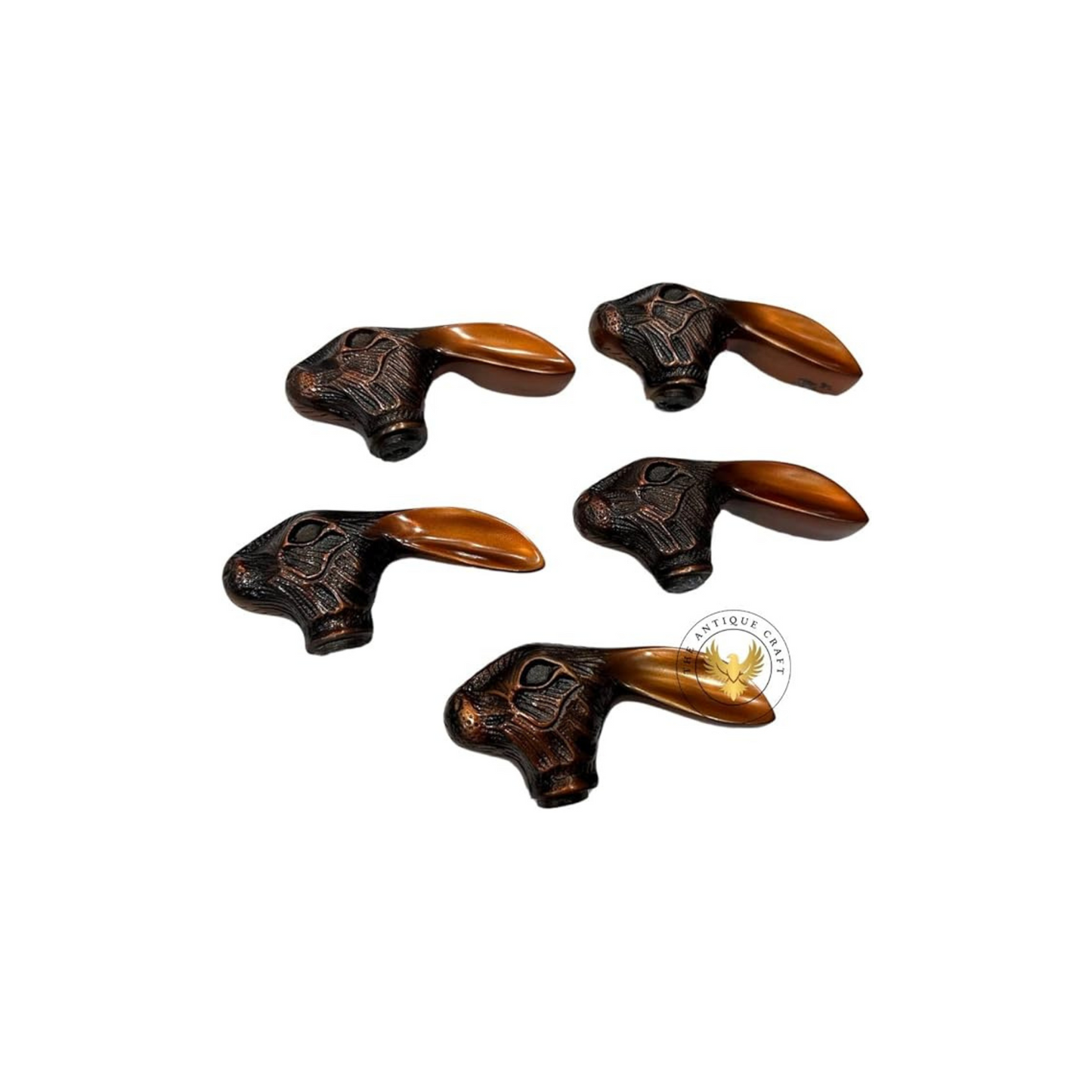 Set of 5 Antique Rabbit Walking Stick Handles – Handmade Brass Cane Toppers for Wooden Sticks (Handles Only)