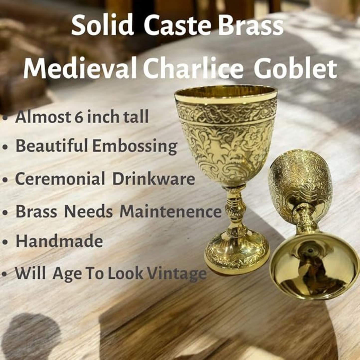 Handmade Vintage Brass Chalice Goblet – Medieval Decorative Wine Glass with Royal Embossed Design, 7 oz (Gold Finish)