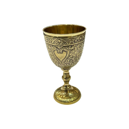 Handmade Vintage Brass Chalice Goblet – Medieval Decorative Wine Glass with Royal Embossed Design, 7 oz (Gold Finish)