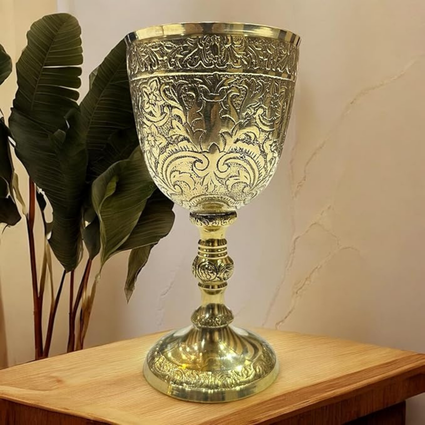 Handmade Vintage Brass Chalice Goblet – Medieval Decorative Wine Glass with Royal Embossed Design, 7 oz (Gold Finish)