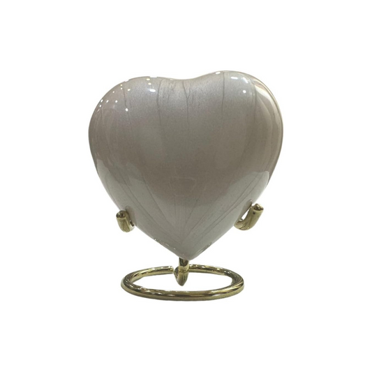 White Heart Keepsake Cremation Urn with Brass Stand & Black Box – Mini Urn for Ashes (Adults & Infants)