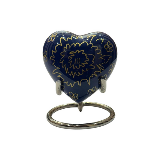 Blue Heart Keepsake Cremation Urn with Brass Stand & Box – Mini Memorial Urn for Ashes of Adults or Infants