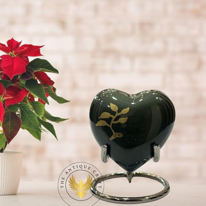 Green Heart Keepsake Cremation Urn – Mini Urn for Ashes with Brass Stand & Box for Adults or Infants
