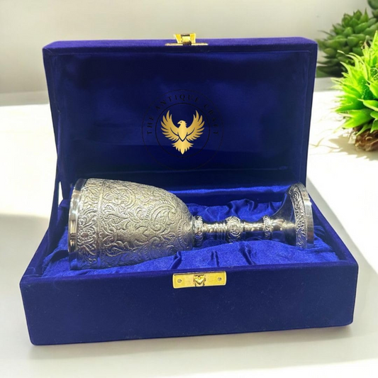 Silver Solid Brass Medieval Chalice – Decorative 7 oz Goblet with Velvet Gift Box