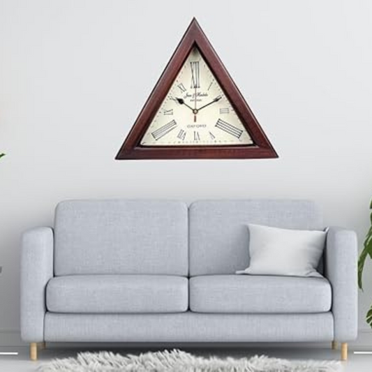 Natural Wood Triangle Wall Clock with Roman Numerals – Multi-Use Wall & Table Clock with Aircraft Glass Finish