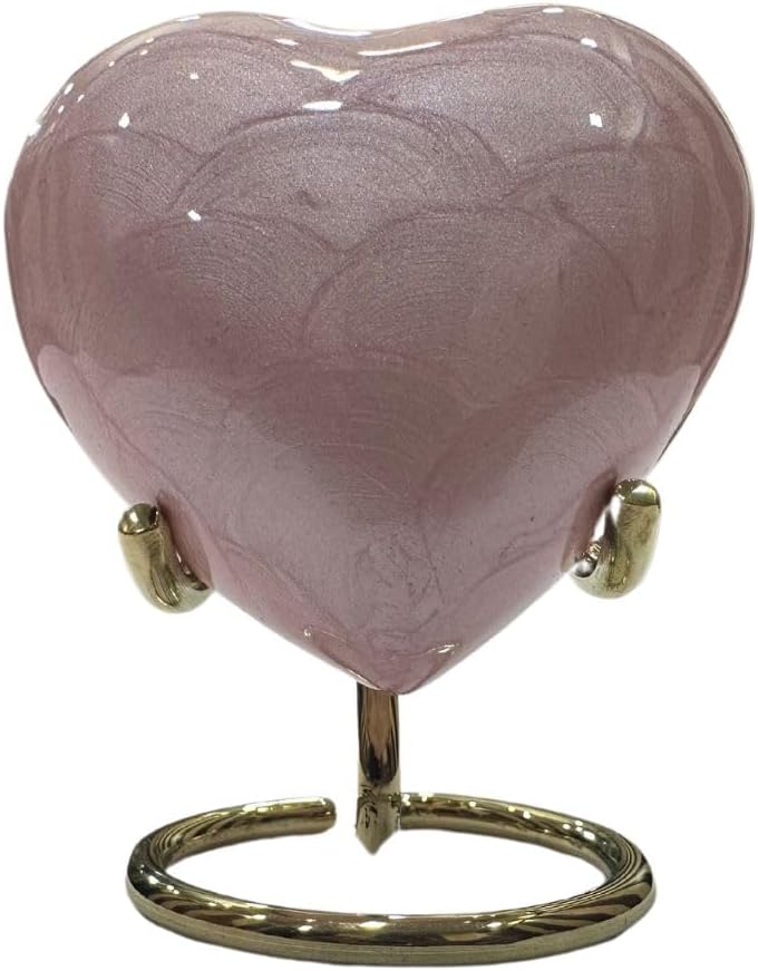 Pink Heart Keepsake Cremation Urn for Ashes with Brass Stand
