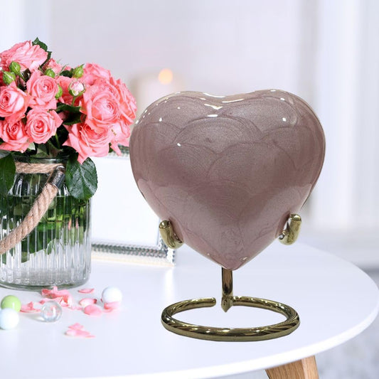 Pink Heart Keepsake Cremation Urn for Ashes with Brass Stand